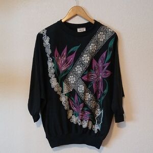 Vintage 80s Geste Flower Lace And Sparkle Print Sweatshirt